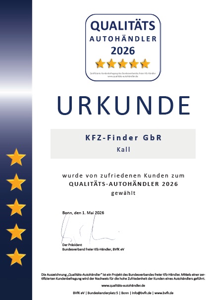 KFZ Finder aus Kall Krekel wurde 2026 zum dritten Mal in Folge zum Qualitätsautohändler gewählt