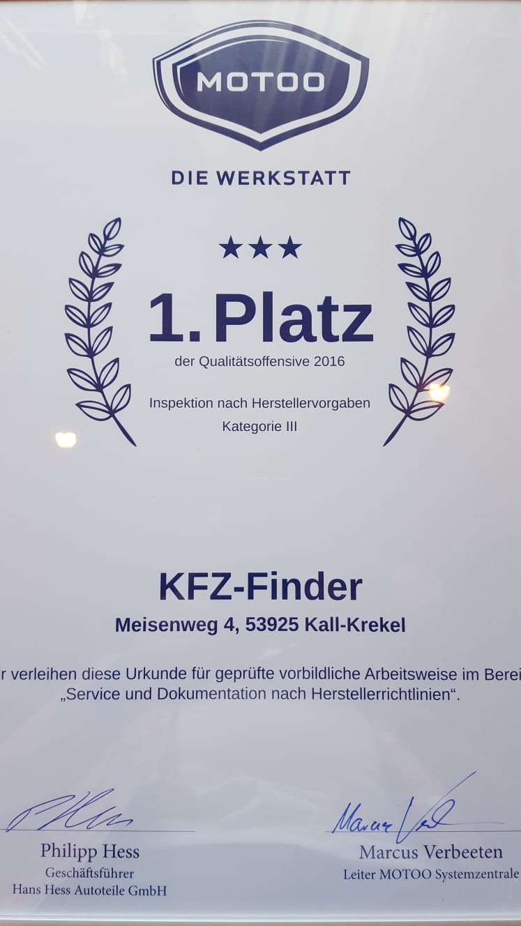Urkunde Platz 1: KFZ-Finder – ausgezeichnet für erstklassige Wartungen nach Herstellervorgaben in Kall, Krekel